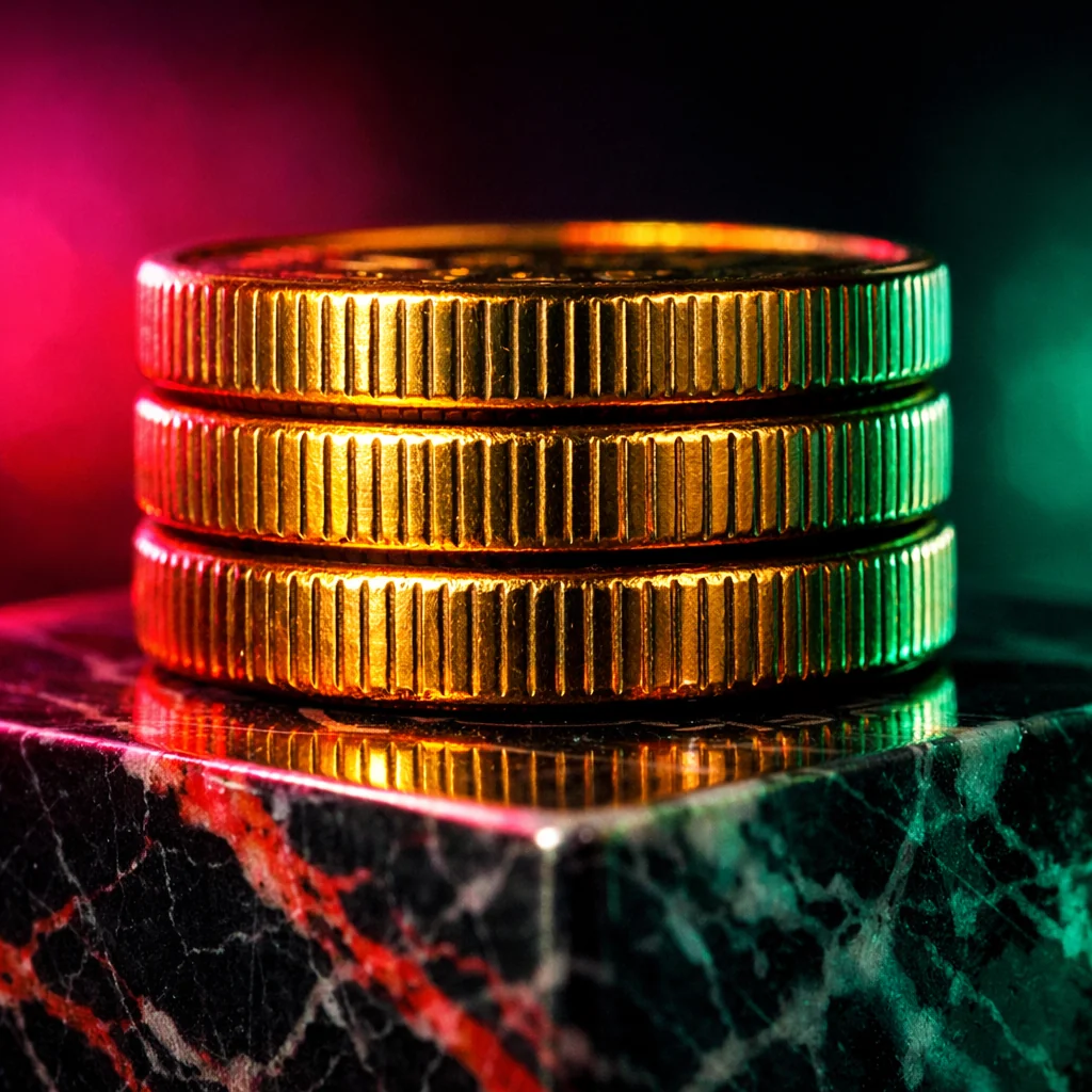 Gouden munten cascade onder neon casino verlichting